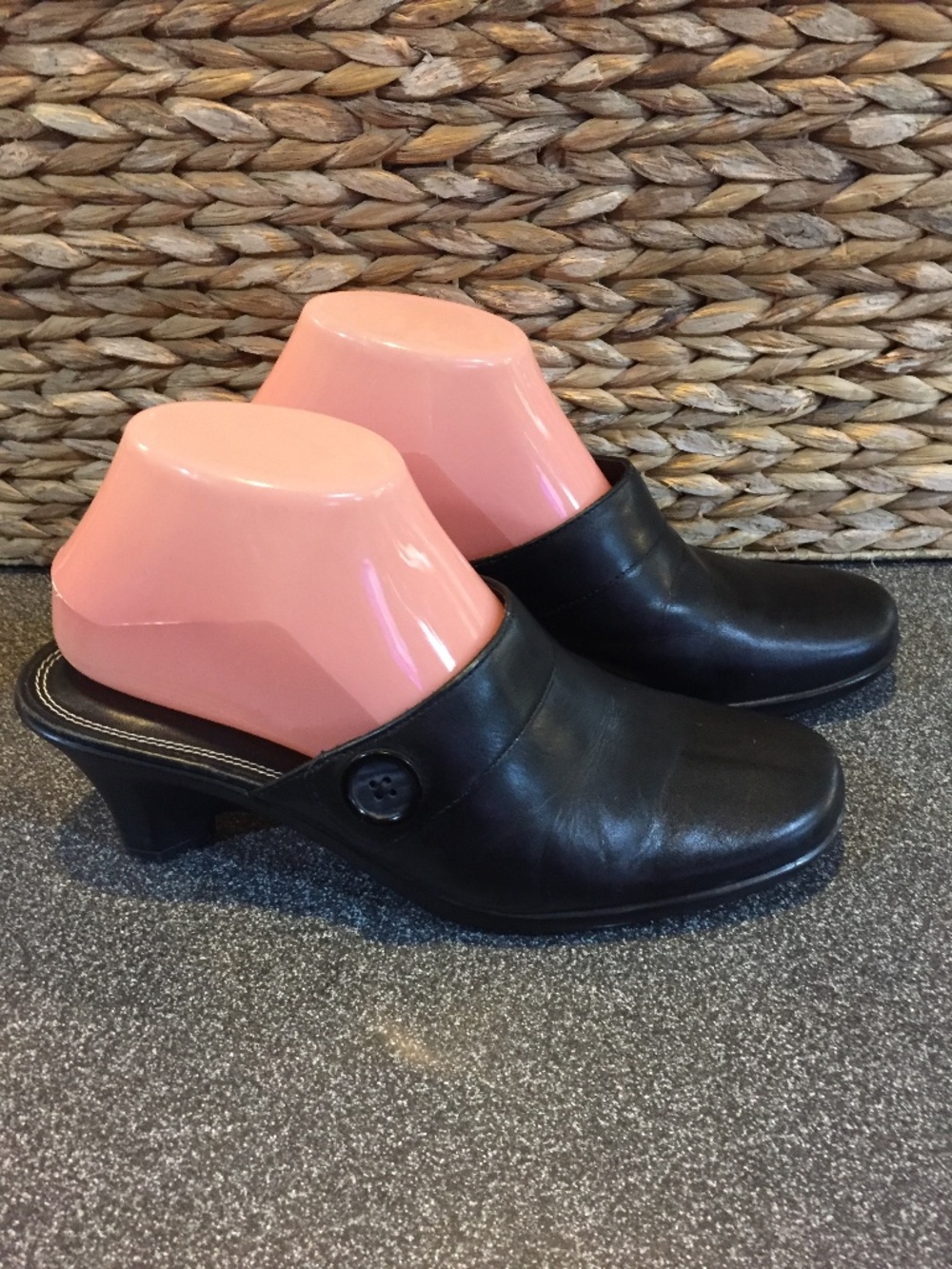 Naturalizer Black Leather Heel Mules with Button Accent